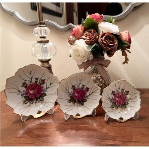 3 Piece Vintage Floral Porcelain Plate Set - JAPAN